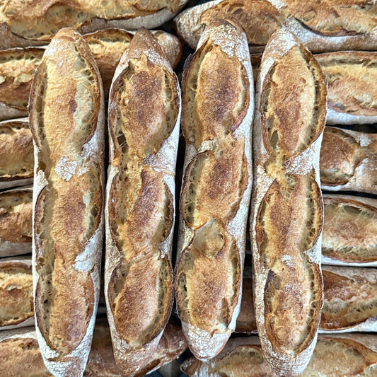 Stack of baguettes with a rustic appearance